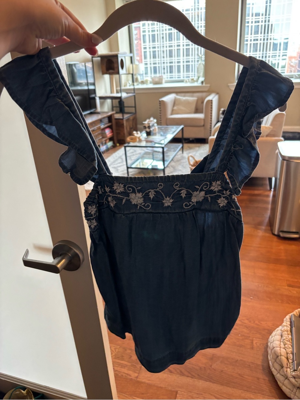 Harper Navy Ruffle Strap Embroidered Camisole